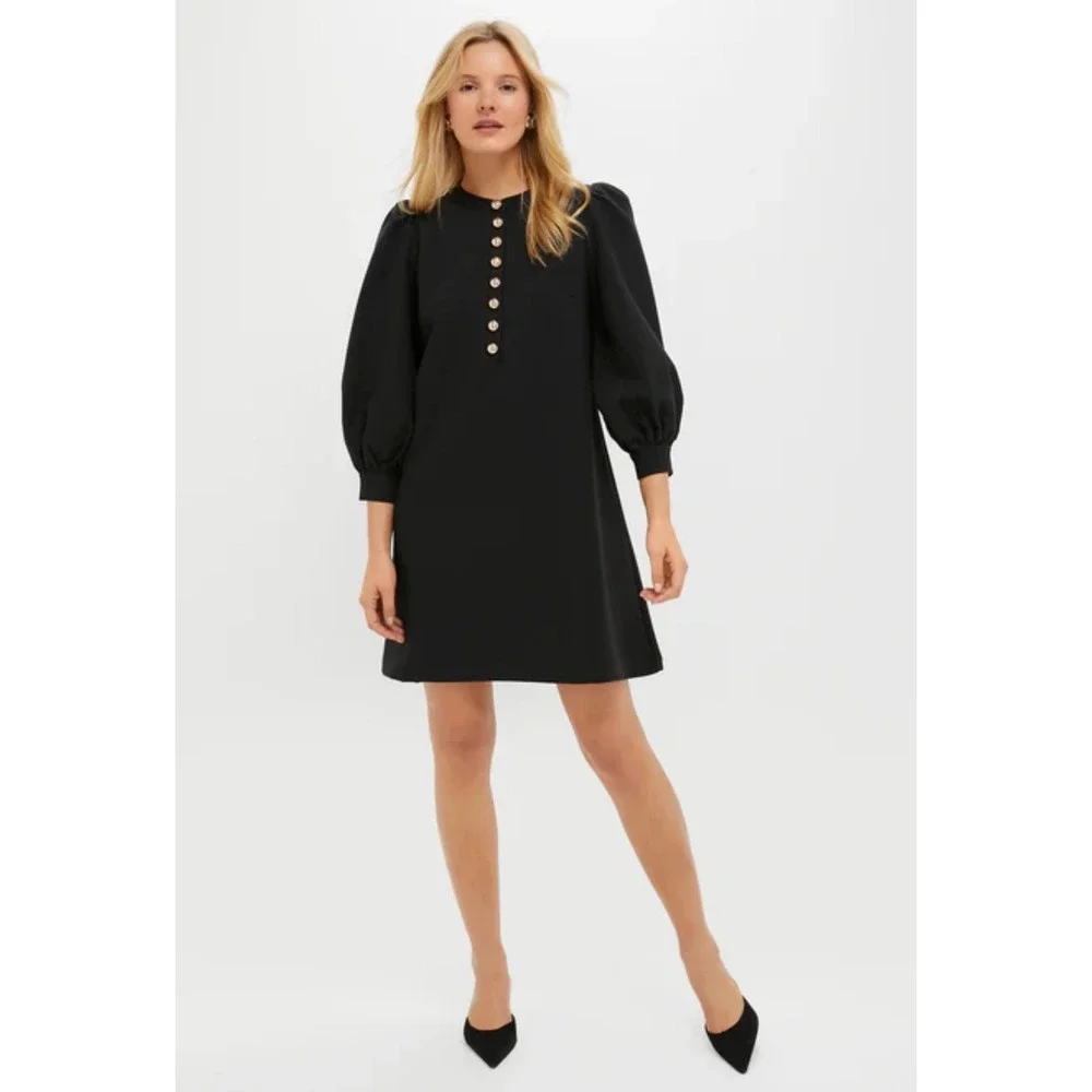Pomander Place Samantha Mini Dress Black Puff Sleeve Gold Button Womens Small